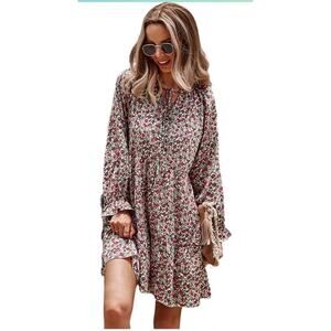 NWT Women's Floral Print‎ Flare Sleeve Pleated Swing Dresses V Neck Tie Neck SM